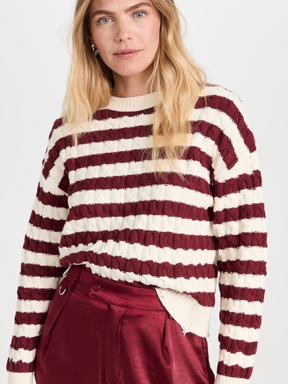 LNA Devi Distressed Cable Knit Sweater - Ivory Burgundy Stripe